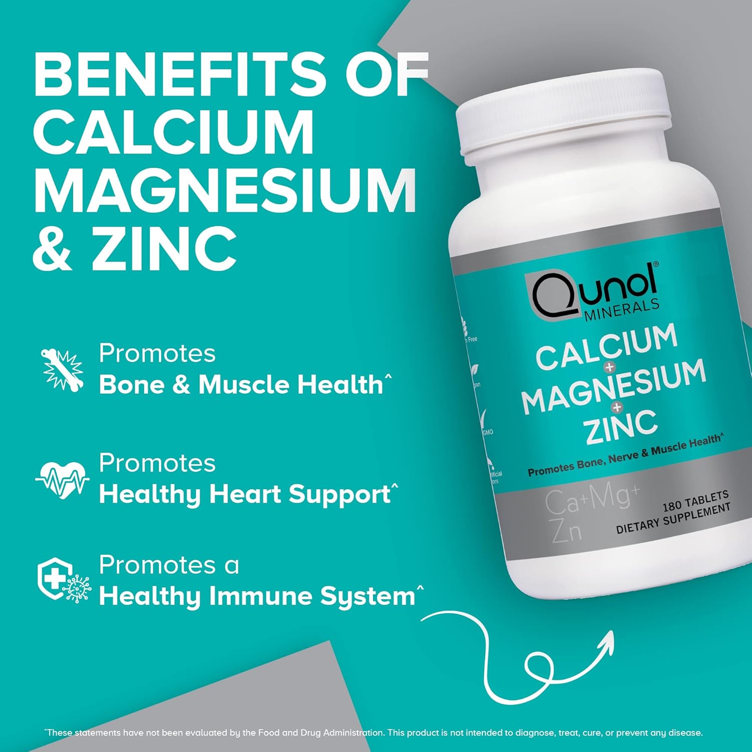 Qunol Magnesium 3 in 1 Tablets with Calcium, Magnesium & Zinc for Immune Support, Bone, Nerve, and Muscle Health Supplement, 180 Count