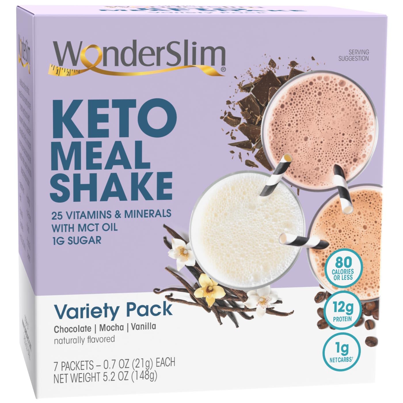 Wonderslim Keto Meal Replacement Shake, Variety Pack, Low Carb, C8 Mcts, 12G Protein, Collagen, 25 Vitamins & Minerals, Gluten Free (7Ct)