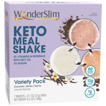 Wonderslim Keto Meal Replacement Shake, Variety Pack, Low Carb, C8 Mcts, 12G Protein, Collagen, 25 Vitamins & Minerals, Gluten Free (7Ct)