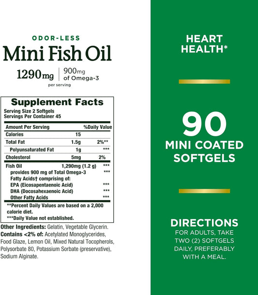 Nature'S Bounty Mini Fish Oil Softgels 1290 Mg, Omega-3, Supports Heart Health, Odor-Less, 90 Mini Coated Softgels