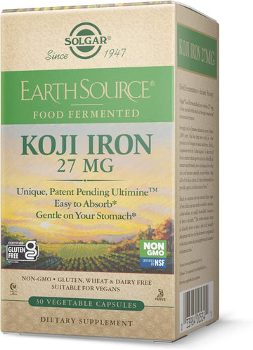 Solgar Earth Source Food Fermented Koji Iron 27Mg, 30 Vegetable Capsules - Higher Absorption, Slow-Release Iron - Gentle On The Stomach - Non-Gmo, Vegan, Gluten Free, Dairy Free, Kosher - 30 Servings