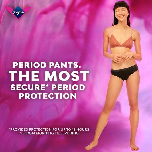 Bodyform Washable Period Pants - For Up to 12 hours of Protection Black Menstrual Underwear for Moderate Flow, Bikini Cut Pack 1, Size L