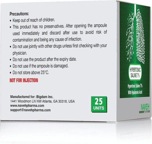 Naveh Pharma | Hypertonic Saline Solution 7% + Hyaluronic Acid | Nebulizer Diluent For Inhalators And Nasal Irrigation | Helps Clear Congestion From Airways & Lungs (25 Bullets Of 5Ml)