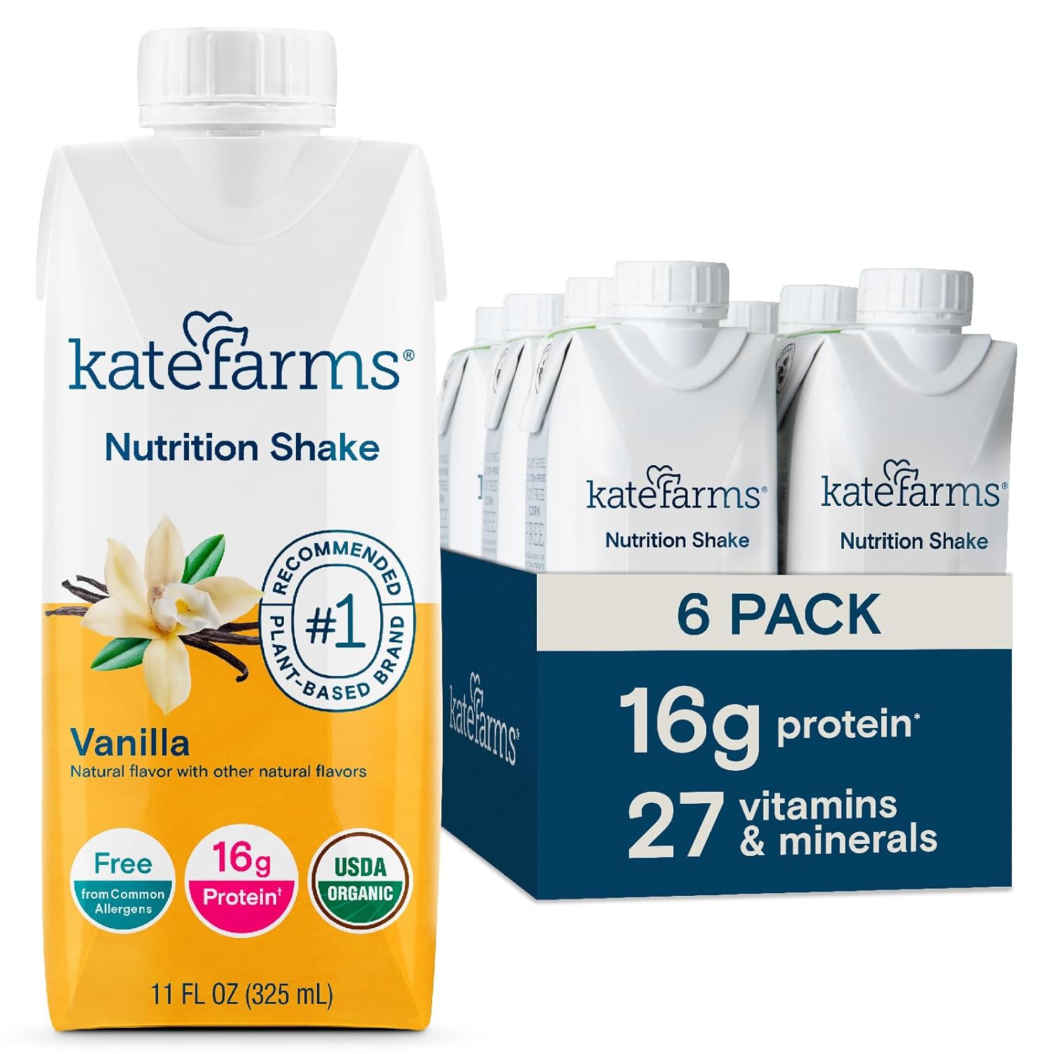 KATE FARMS Organic Plant Based Nutrition Shake, Vanilla, 16g protein, 27 Vitamins and Minerals, Meal Replacement, Protein Shake, Gluten Free, Non-GMO, 11 oz (6 Pack)