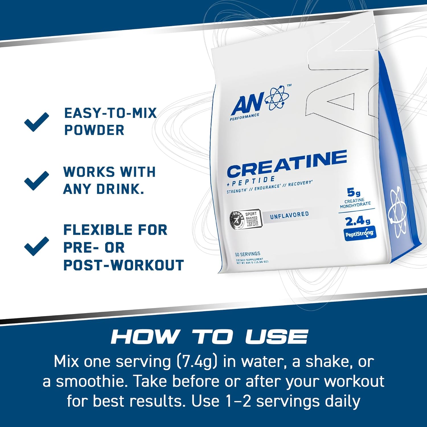AN Performance Creatine + Peptide Powder 5g Creatine Monohydrate and 2.4g PeptiStrong Per Serving for Strength Endurance Recovery and Muscle Growth Unflavoured (444g - 60 Servings) : Amazon.co.uk: Health & Personal Care