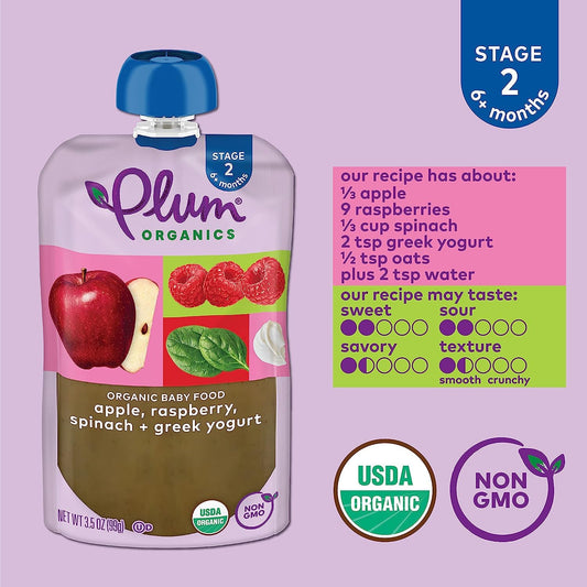 Plum Organics Stage 2 Organic Baby Food - Apple, Raspberry, Spinach, And Greek Yogurt - 3.5 Oz Pouch (Pack Of 4) - Organic Fruit And Vegetable Baby Food Pouch