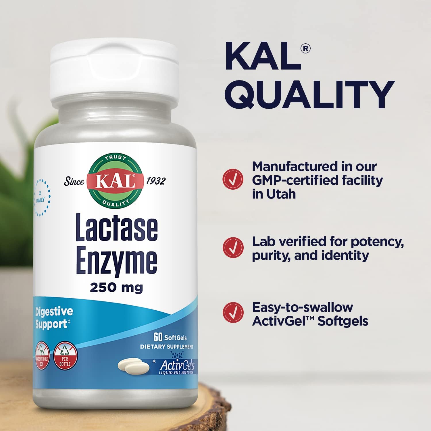 KAL Lactase Enzyme 250 mg, Healthy Digestion Support for Lactose Intolerance, Liquid-Filled ActivGels Made Without Soy, 250 FCC Units, 30 Servings, 60 SoftGels : Health & Household