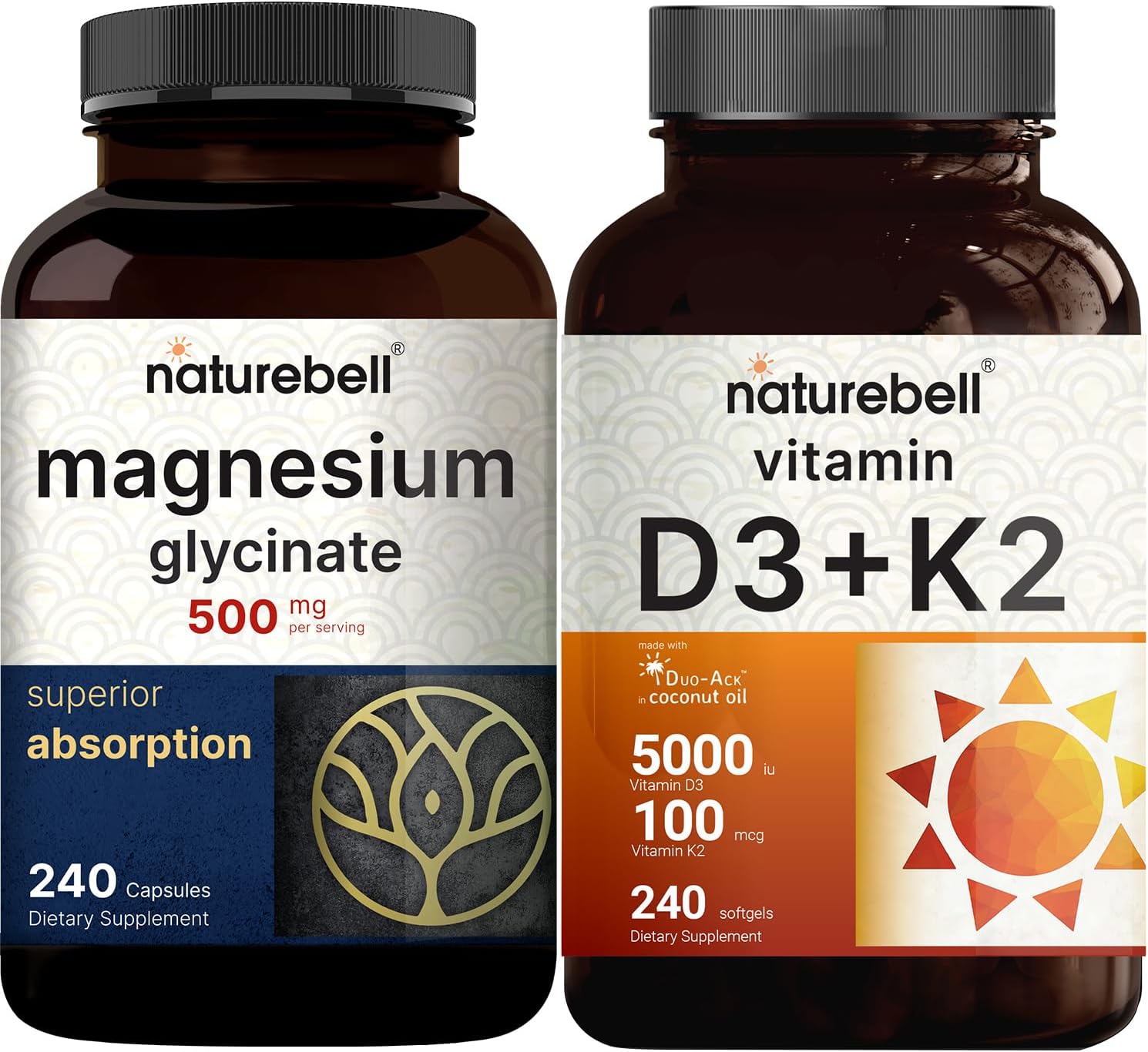 Naturebell Magnesium Glycinate Capsules 500Mg & Vitamin D3 5,000Iu With K2 Mk-7 100Mcg Softgels Bundle Pack | Chelated & Purified Mineral | Bioavailable Virgin Coconut Oil Softgels