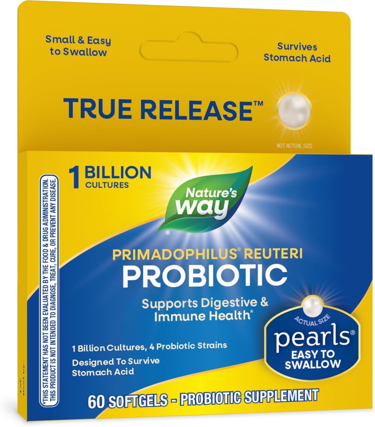 Nature'S Way Primadophilus Reuteri Probiotic Pearls For Men And Women, Digestive And Immune Health*, 1 Billion Culture, 4 Probiotic Strains, Survives Stomach Acid, 60 Softgels (Packaging May Vary)