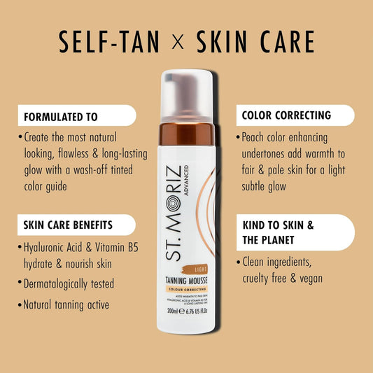 St Moriz Advanced Colour Correcting Tanning Mousse In Light | With Hyaluronic Acid, Vitamin B5 & Advanced Skin Care Benefits | Adds Warmth To Fair Skin | Fast-Drying Vegan Fake Tan Mousse | 200Ml
