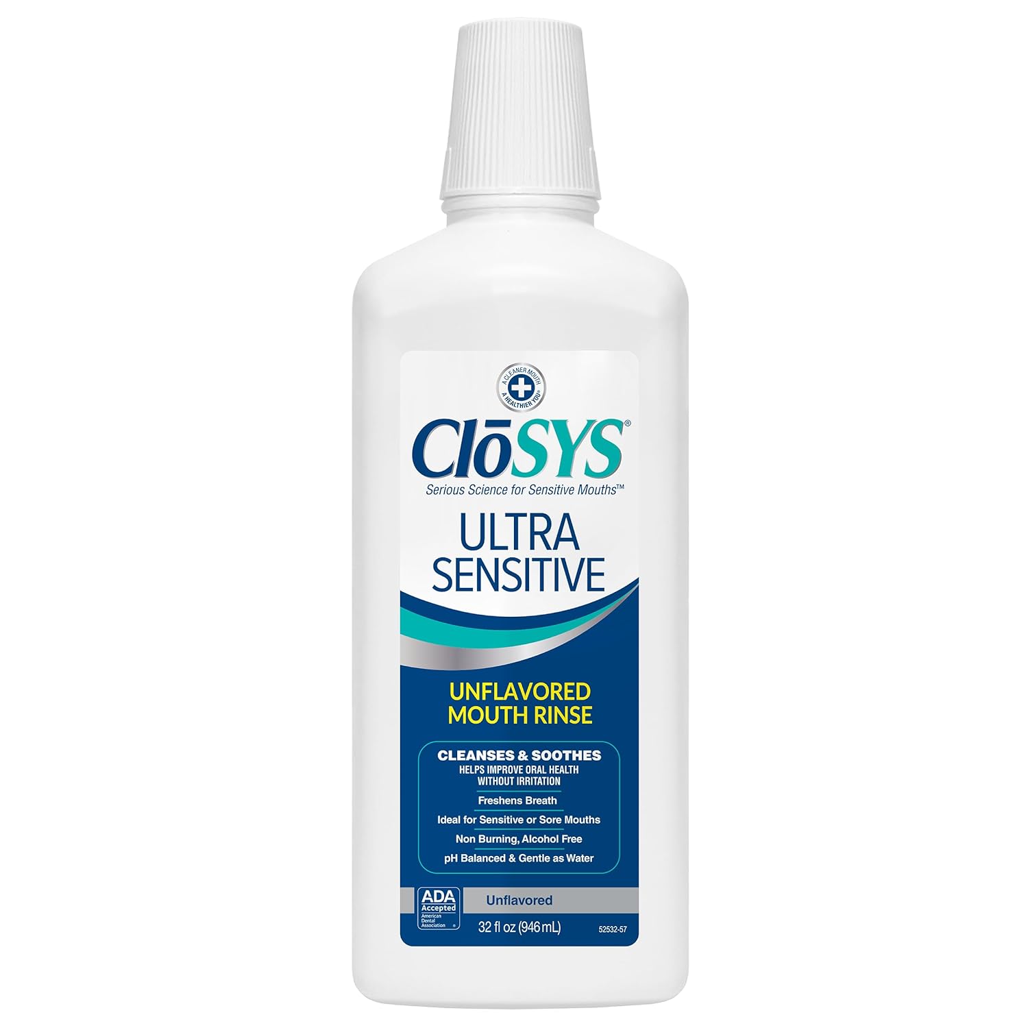 CloSYS Ultra Sensitive Mouthwash, 32 Ounce, Unflavored (Optional Flavor Dropper Included), Alcohol Free, Dye Free, pH Balanced, Helps Soothe Entire Mouth