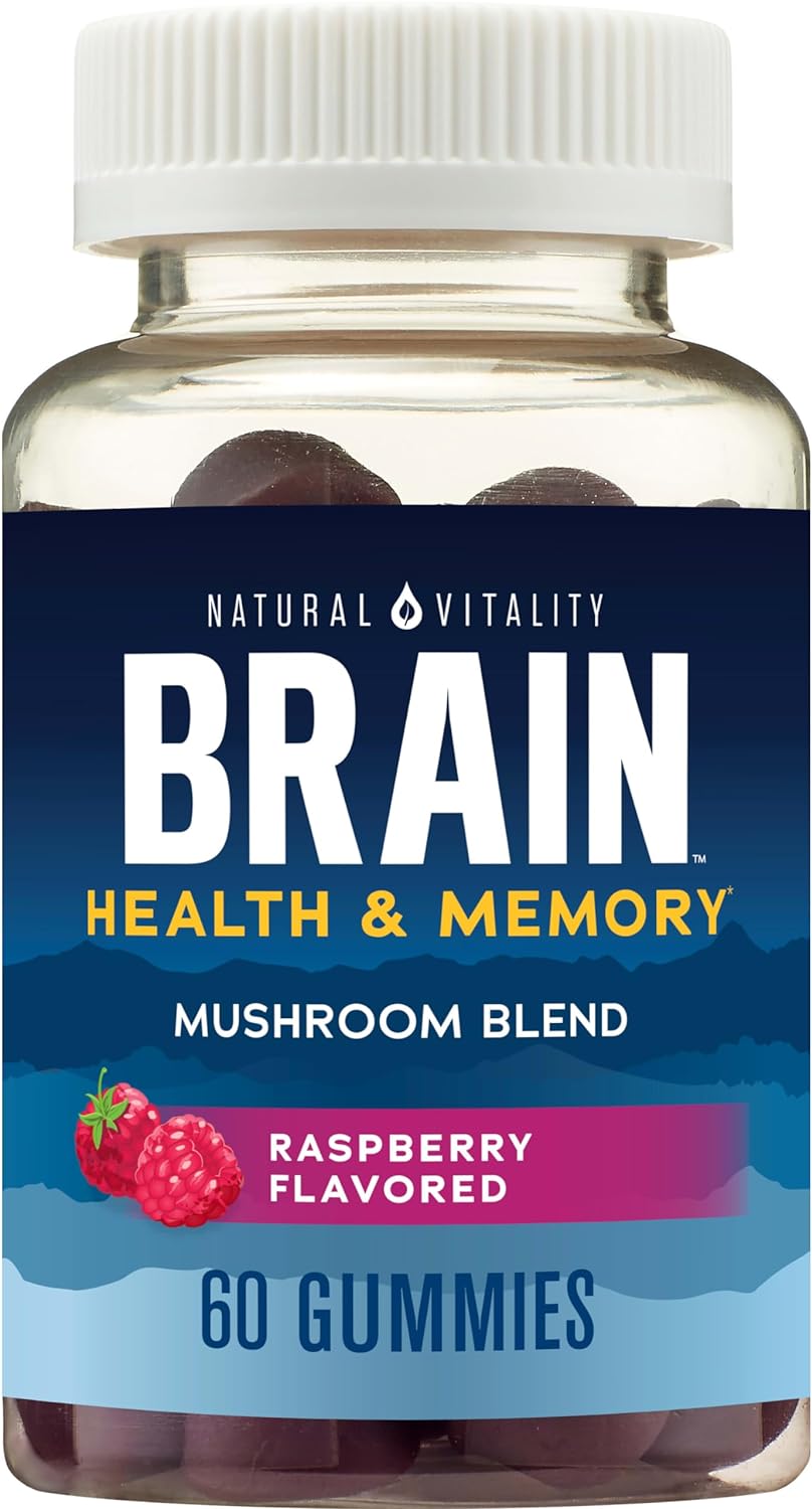 Natural Vitality Brain Health & Memory Gummies; Provides Daily Brain Health Support; Functional Mushroom Extract Blend; Vegan, Gluten Free; Delicious, Raspberry Flavored; 60 Gummies