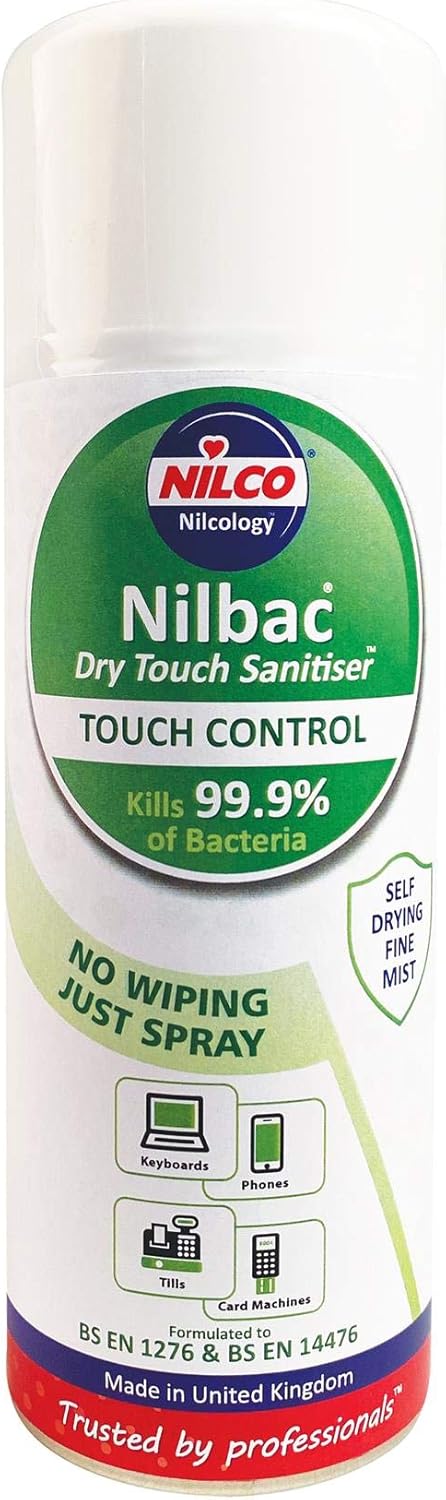 Nilco Nilbac® Dry-Touch Sanitiser Touch Control Antibacterial Aerosol Spray, 400 Ml