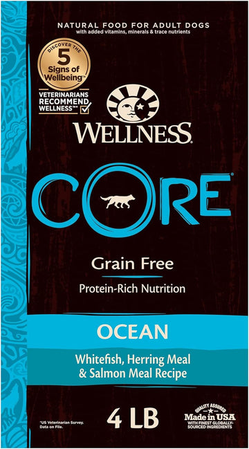 Wellness CORE Grain-Free High-Protein Dry Dog Food, Natural Ingredients, Made in USA with Real Meat, All Breeds, For Adult Dogs (Ocean Whitefish, Herring & Salmon, 4-Pound Bag)