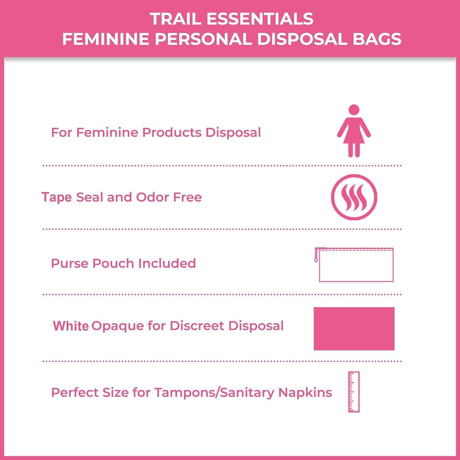 Trail Essentials Feminine Personal Disposal Seal Bags- 100 White Opaque Seal Bags for Sanitary, Discreet Disposal for Tampons, Pads, and Liners (100 Bag Refill) : Health & Household