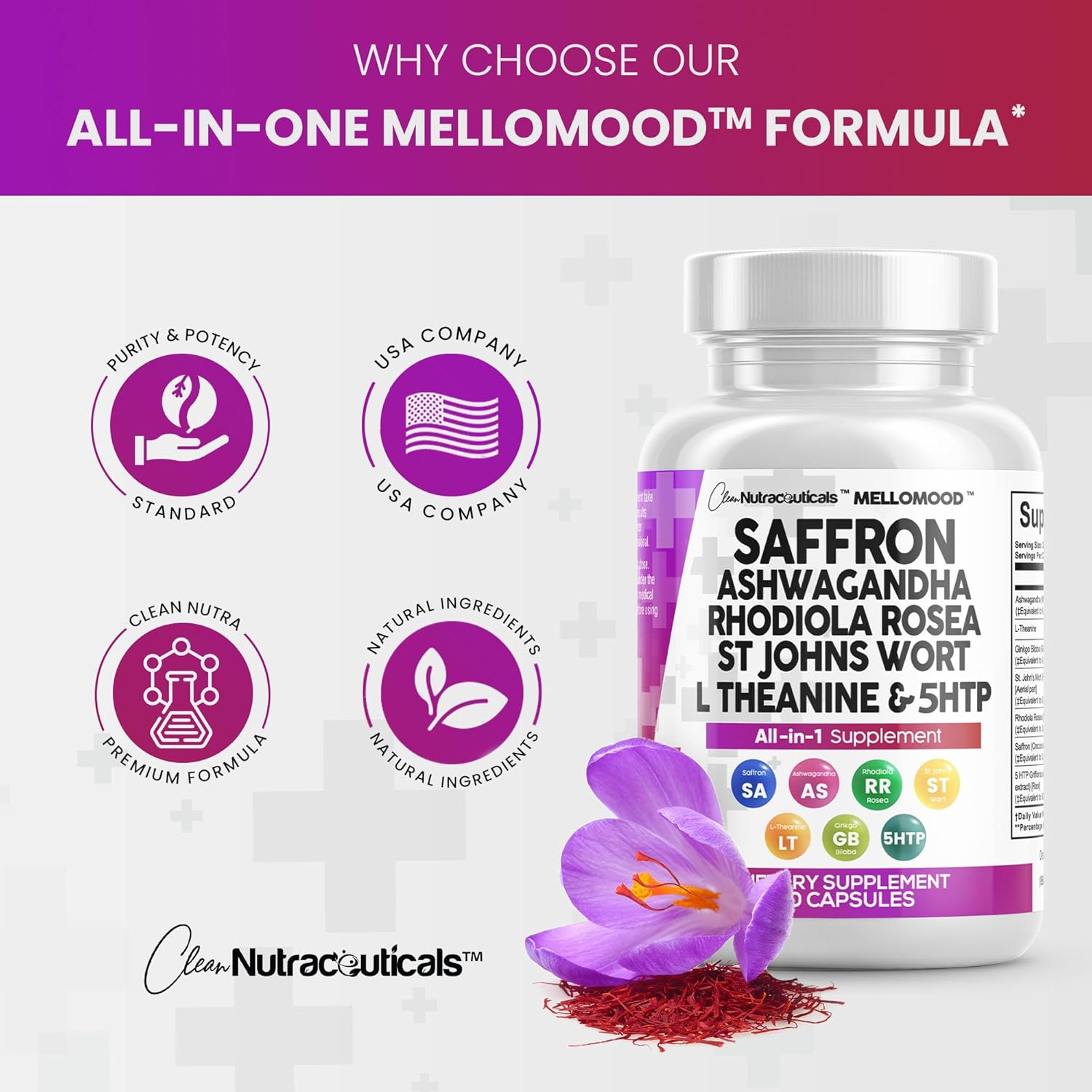 Clean Saffron Supplements with Ashwagandha 8000mg - Mood Support with L-Theanine 200mg, Ginkgo Biloba 6000mg, St. John's Wort 6000mg, Rhodiola Rosea 3000mg & 5-HTP 500mg - Saffron Pills Capsules USA : Health & Household