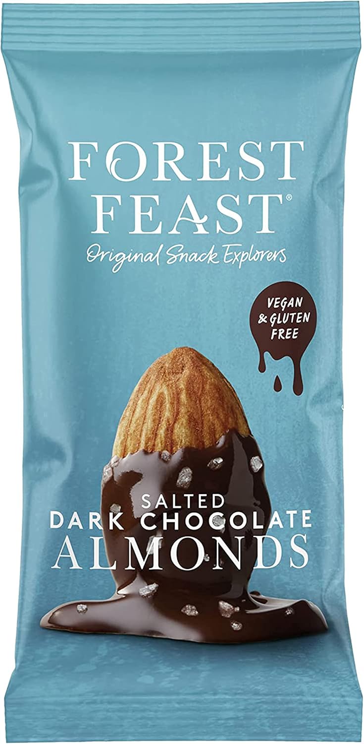 Forest Feast Salted Dark Chocolate Almonds 12 X 40G | Dark Chocolate Coated Salted Almonds With Real Belgian Dark Chocolate, Gluten Free High Protein Vegan Snack