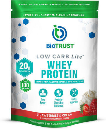 Biotrust Low Carb Lite, 20 Grams Of Grass-Fed Whey Protein Isolate, 100 Calories, Prohydrolase Digestive Enzymes, Non-Gmo, Free From Soy And Gluten, Rbgh-Free (14 Servings) (Strawberries And Cream)