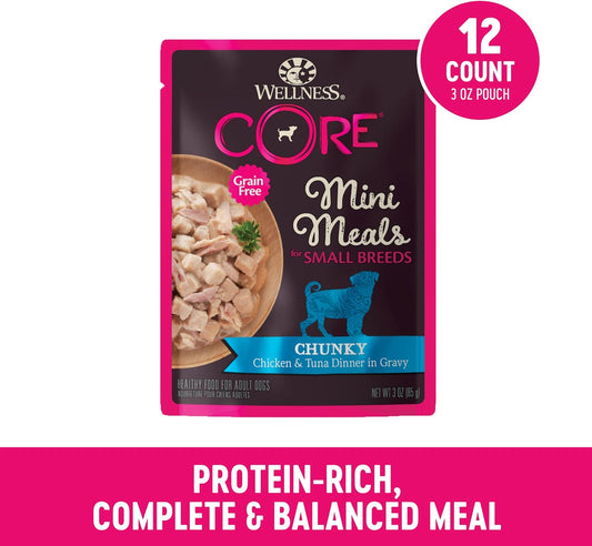 Wellness Core Natural Grain Free Small Breed Mini Meals Wet Dog Food, Chunky Chicken & Tuna Dinner In Gravy, 3-Ounce Pouch (Pack Of 12)