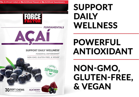 Force Factor Acai Soft Chews for Immune Support, Oxidative Stress Defense, and Daily Wellness, Superfood and Antioxidants Supplement, Non-GMO, Gluten-Free, and Vegan, Acai Berry Flavor, 30 Soft Chews