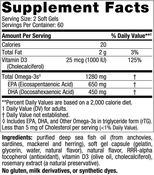 Nordic Naturals Ultimate Omega-D3, Lemon Flavor - 120 Soft Gels - 1280 mg Omega-3 + 1000 IU Vitamin D3 - Omega-3 Fish Oil - EPA & DHA - Promotes Brain, Heart, Joint, & Immune Health - 60 Servings