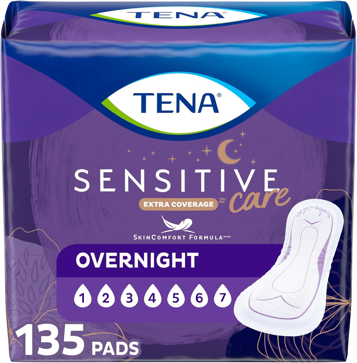 Tena Incontinence Pads, Bladder Control & Postpartum For Women, Overnight Absorbency, Extra Coverage, Intimates - 135 Count