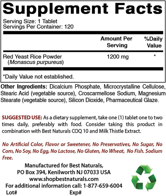 Best Naturals Red Yeast Rice Cholesterol Support 1200 mg (Non-GMO) 120 Tablets