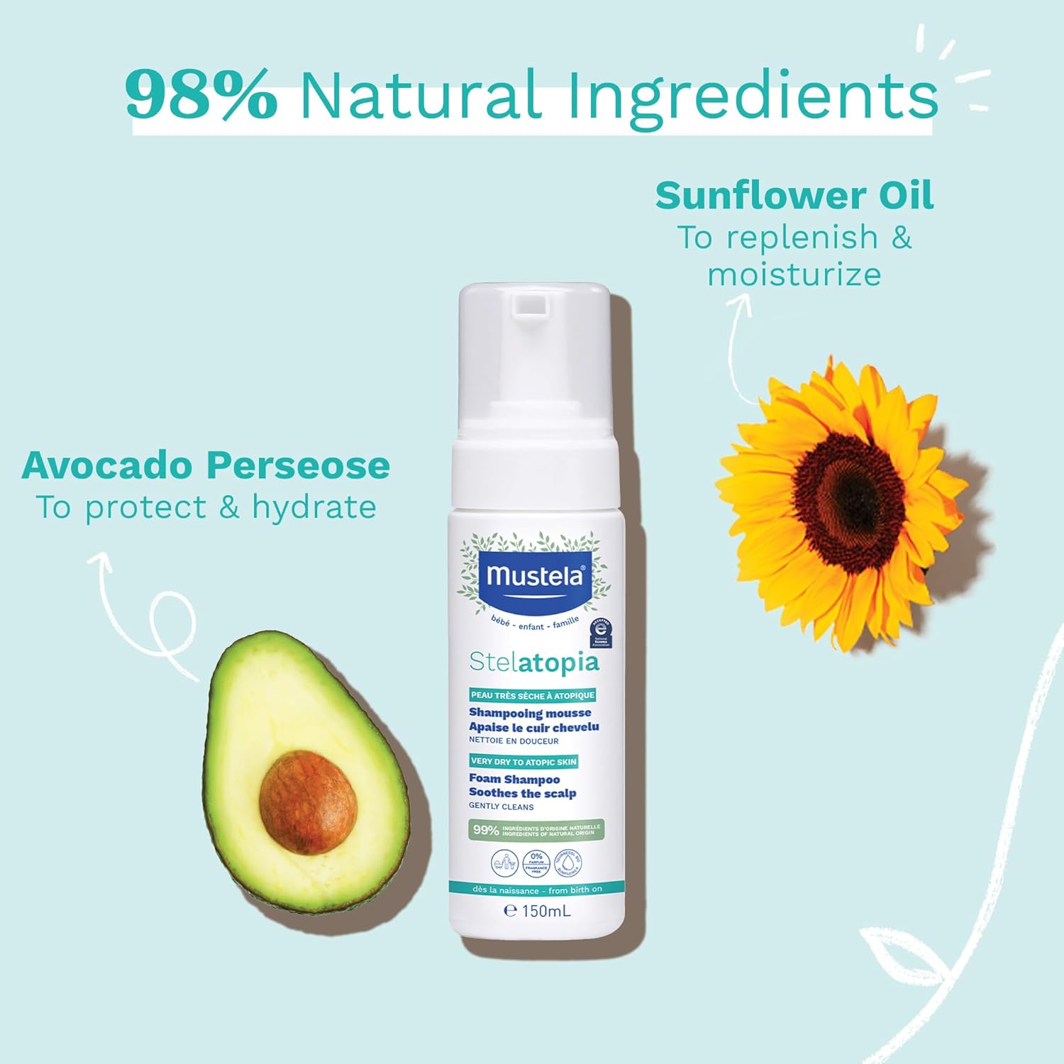 Mustela Stelatopia Eczema-Prone Skin Foam Shampoo For Newborn & Baby With - With Natural Avocado & Sunflower Oil - Fragrance-Free & Tear Free - 5.07 Fl. Oz. : Baby