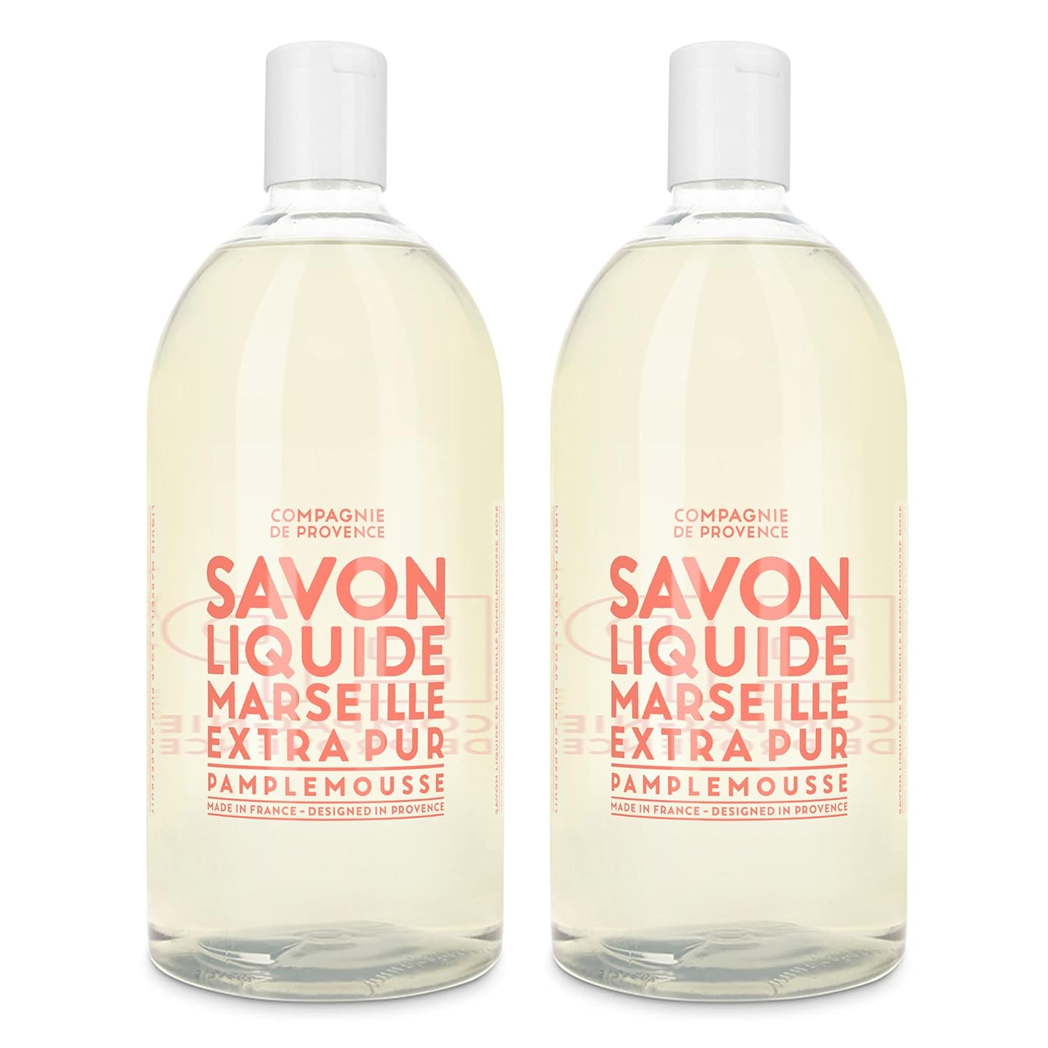 Compagnie De Provence Savon De Marseille Extra Pure Liquid Soap, Pink Grapefruit, Two 33.8 Fl Oz Plastic Bottle Refills