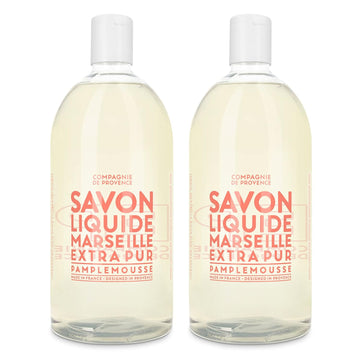 Compagnie De Provence Savon De Marseille Extra Pure Liquid Soap, Pink Grapefruit, Two 33.8 Fl Oz Plastic Bottle Refills