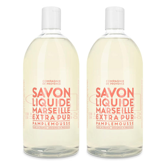 Compagnie De Provence Savon De Marseille Extra Pure Liquid Soap, Pink Grapefruit, Two 33.8 Fl Oz Plastic Bottle Refills