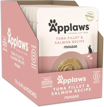 Applaws Natural Wet Cat Food In Mousse, Limited Ingredient Wet Cat Food Pouches, No Additives, Made With Natural Ingredients, Tuna Fillet & Salmon In Mousse (12 X 2.47Oz Pouches)