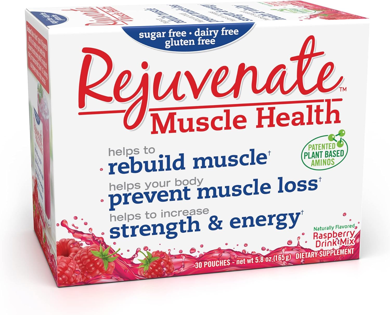 REJUVENATE Element Nutrition Pre Workout Amino Acids Blend, Clinically Proven Protein Powder Water Flavoring Packets for 40 Plus Age, Gluten Free Amino Energy Powder, Raspberries Flavor | 30 Servings