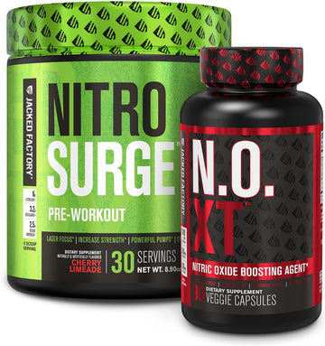 Jacked Factory Pre Workout Stack - N.O Xt Nitric Oxide Booster & Nitrosurge High Energy Pre Workout Fuel