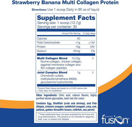 Bariatric Fusion Strawberry Banana Multi Collagen Protein Powder | Plus Joint Support Complex Of Msm And Glucosamine | Dairy, Gluten & Soy Free | Non-Gmo | 30 Servings