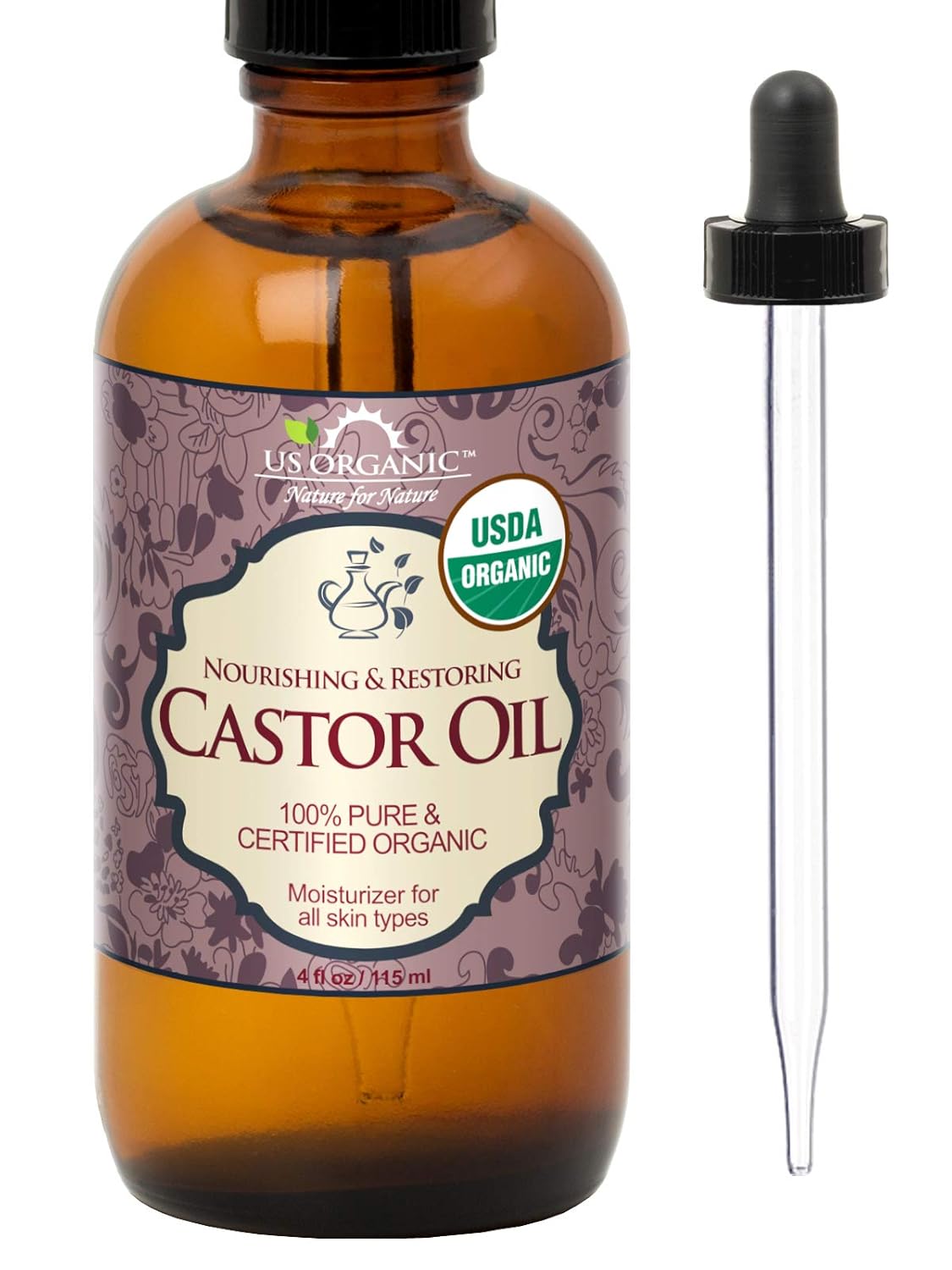 US Organic Castor Oil, USDA Certified Organic, Expeller Pressed, Hexane Free, Pure & Natural moisturizing and emollient properties, For Skin, Hair Care, Eyelashes, DIY projects (4 oz (115 ml))