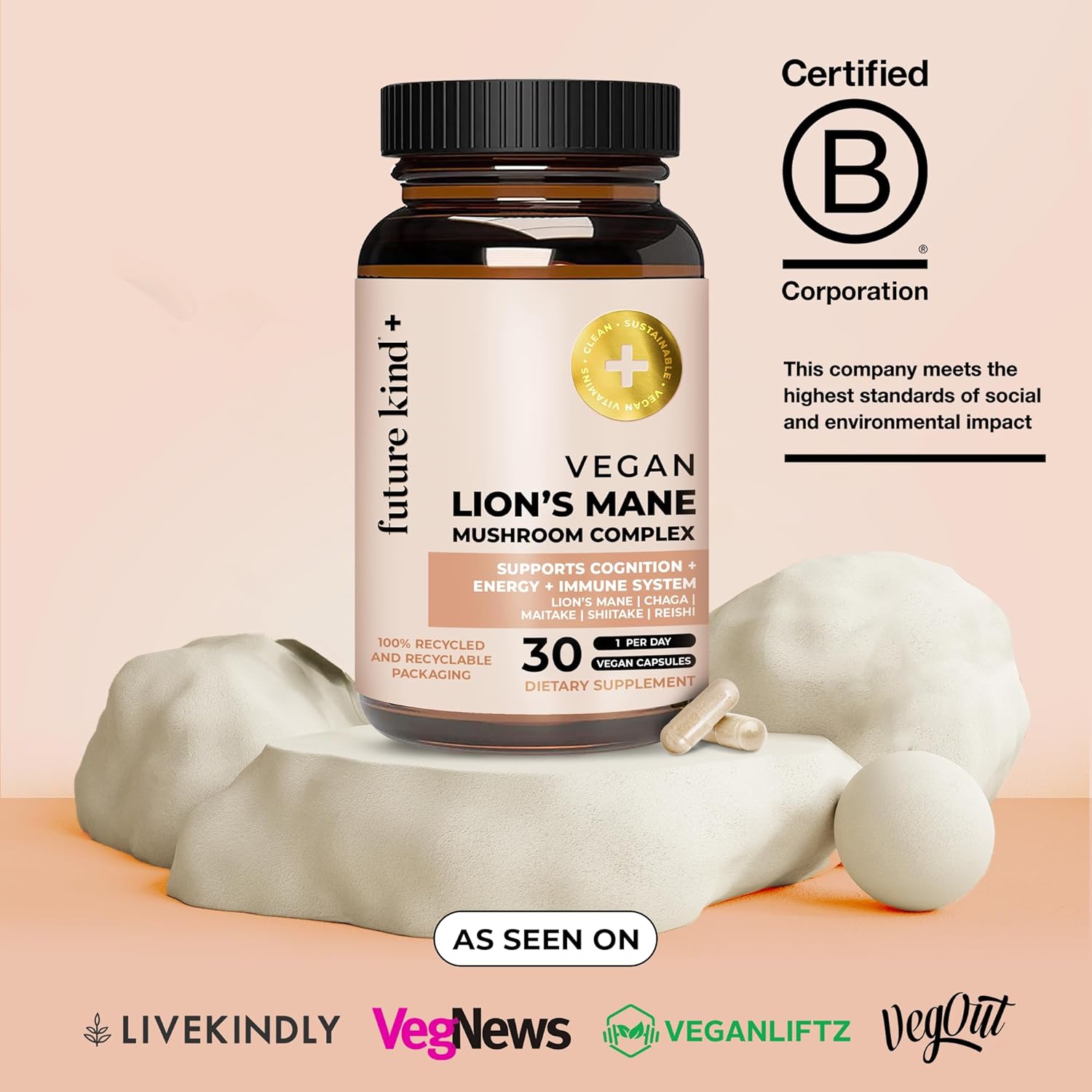 Future Kind Vegan Lion's Mane Mushroom Complex Brain Supplement - (30ct) Lions Mane Supplement Capsules with Chaga, Maitake, Shiitake and Reishi - Brain Supplements for Memory and Focus : Health & Household