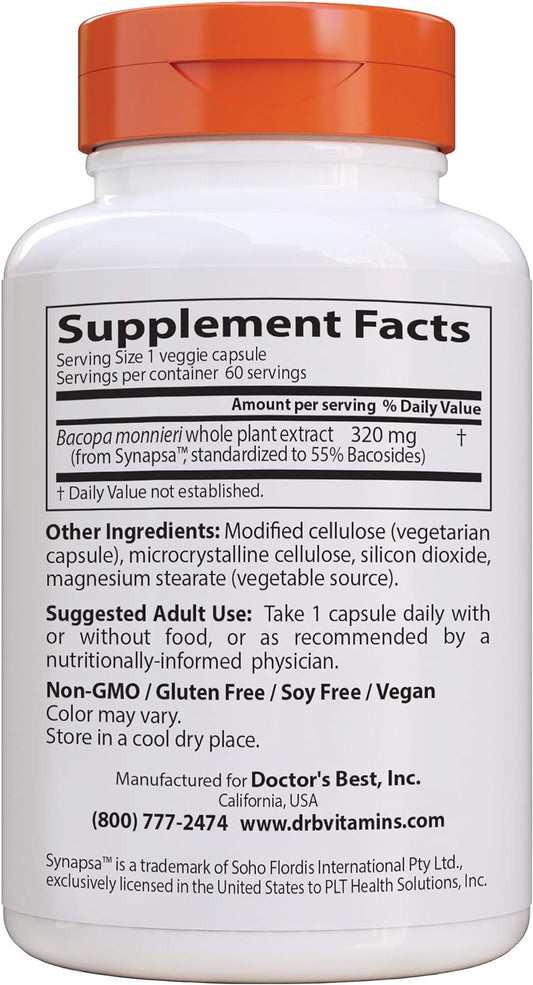 Doctor'S Best Bacopa With Synapsa, Brain, Enhances Memory, Antioxidant, Non-Gmo, Vegan, Gluten & Soy Free, 320 Mg, 60 Count