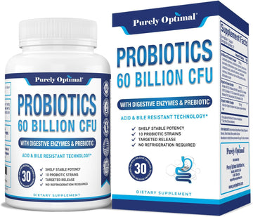 Purely Optimal Premium Probiotics 60 Billion Cfu W/Organic Prebiotics & Digestive Enzymes