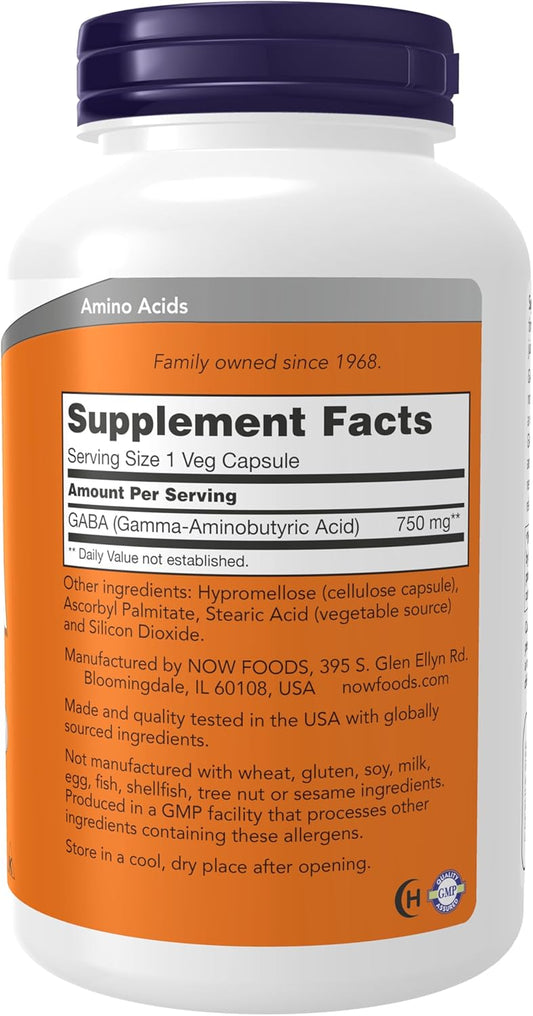 Now Foods Supplements, Gaba (Gamma-Aminobutyric Acid) 750Mg, Neurotransmitter Support*, 200 Veg Capsules