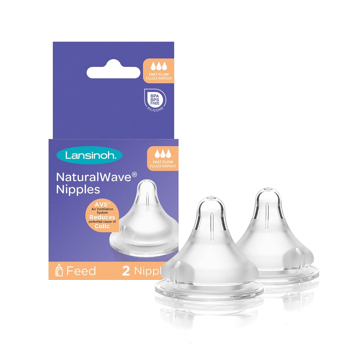 Lansinoh Naturalwave Baby Bottle Nipples, Fast Flow, Size L, Anti-Colic, 2 Count