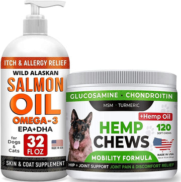 Strellalab Hemp Treats And Glucosamine For Dogs + Salmon Oil Omega 3 For Dogs Bundle - Hip & Joint Supplement - Allergy Relief - Itch Relief, Shedding - Skin And Coat Supplement