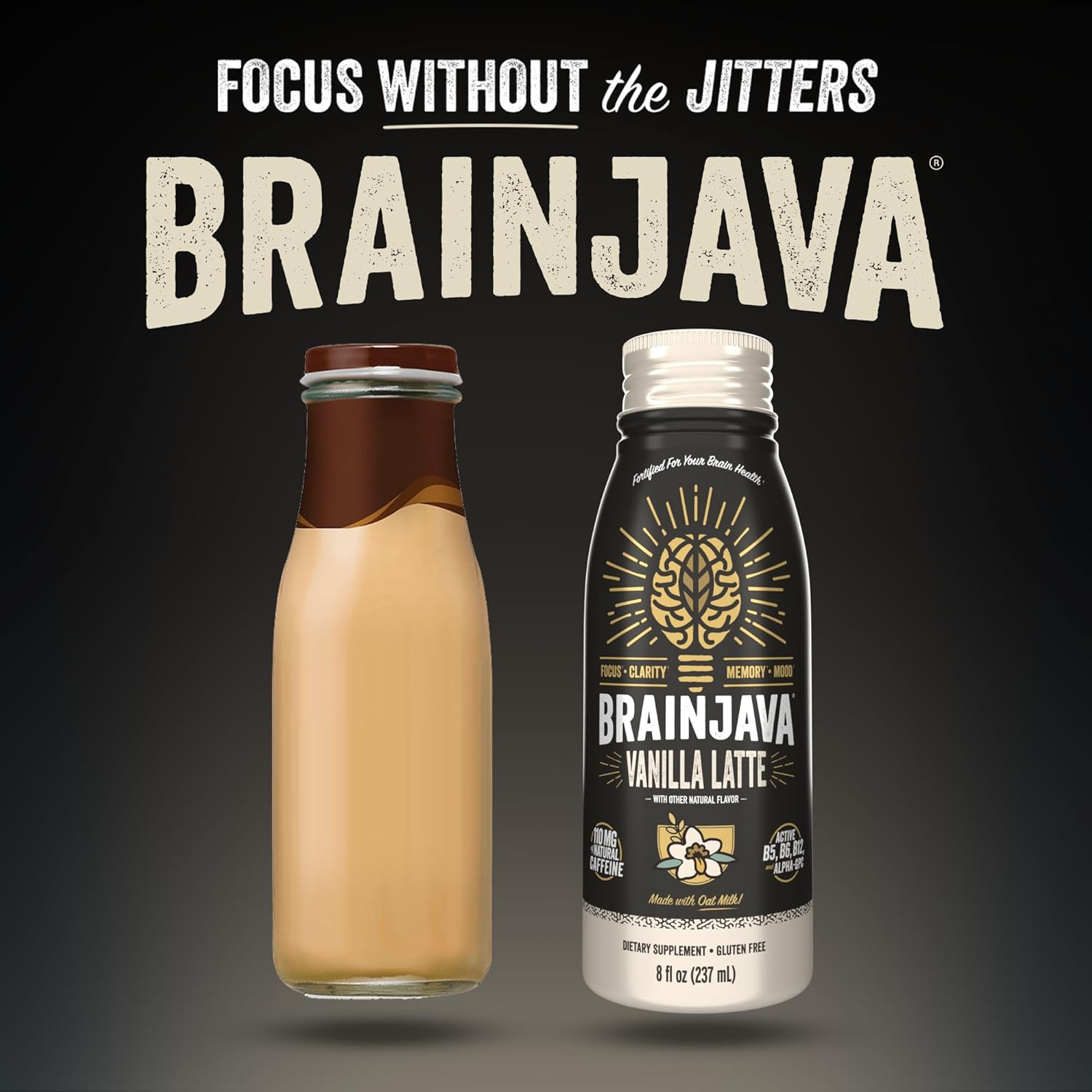 Brainjava Oat Milk Vanilla Latte Ready To Drink Coffee, 4 Pack, Fair Trade Arabica Coffee, 110Mg Caffeine, L-Theanine, Potassium, B Vitamins, For Focus, Clarity, Gluten Free, Vegan, 8 Fl Oz Bottles