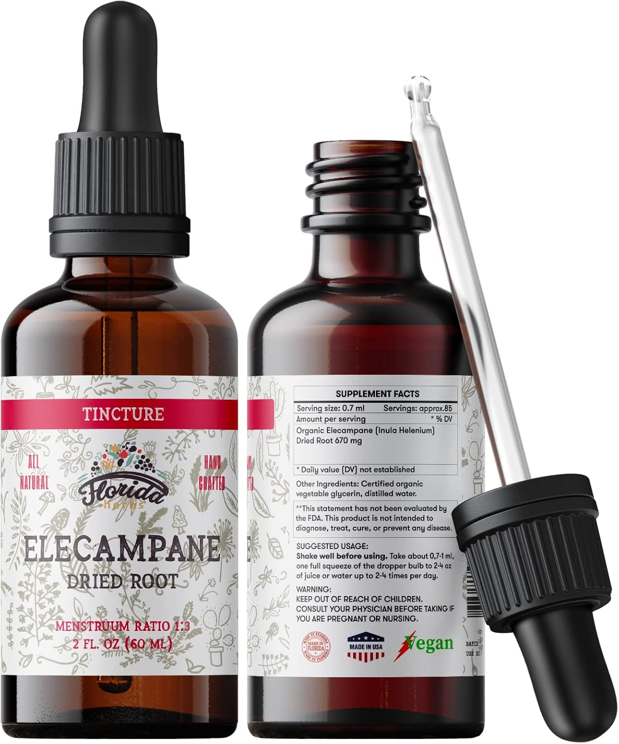 Elecampane Tincture, Organic Elecampane Extract (Inula Helenium) Dried Root Herbal Supplement, Non-Gmo In Cold-Pressed Organic Vegetable Glycerin, 700 Mg, 2 Oz (60 Ml)