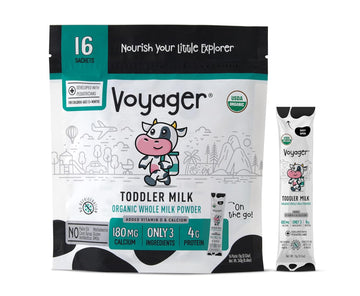 Voyager Toddler Milk On The Go, USDA Organic Shelf Stable Whole Milk Powder, Great for Travel, No Refrigeration, Gluten Free with No GMO's and No Antibiotics for Kids, 16 Sachets of 15g