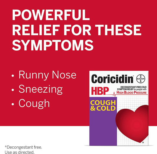 Coricidin Hbp Decongestant-Free Cough And Cold Medicine - Specially Designed Relief For High Blood Pressure, Cough, Runny Nose, Sneezing And Cold Symptoms (16 Count)