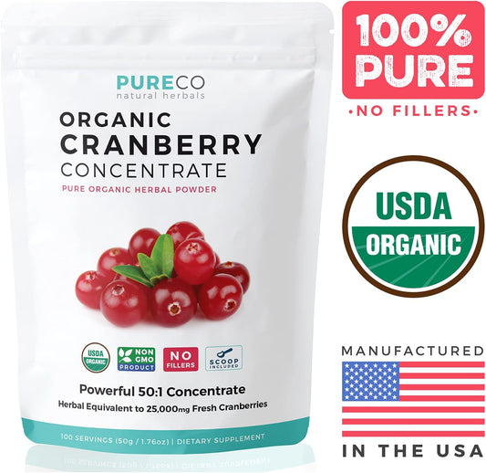 USDA Organic Cranberry Concentrate (50:1) Powder - 500mg is Equivalent to 25,000mg of Fresh Cranberries - for Kidney Cleanse & UTI Support Vitamins - Women - Supplement - 100 Servings - No Pills