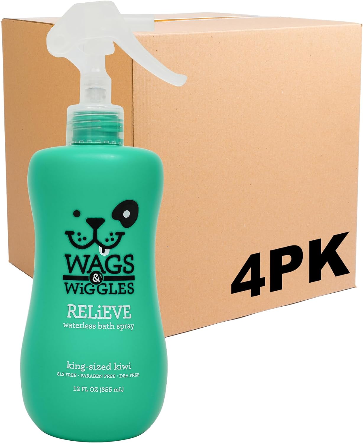 Wags & Wiggles Relieve Anti-Itch Spray for Dogs | Waterless Dry Shampoo for Dogs with Dry, Itchy, Or Sensitive Skin | Kiwi Scent Your Dog Will Love, Anti-Itch Spray - Kiwi, 12 Ounces - 4 Pack