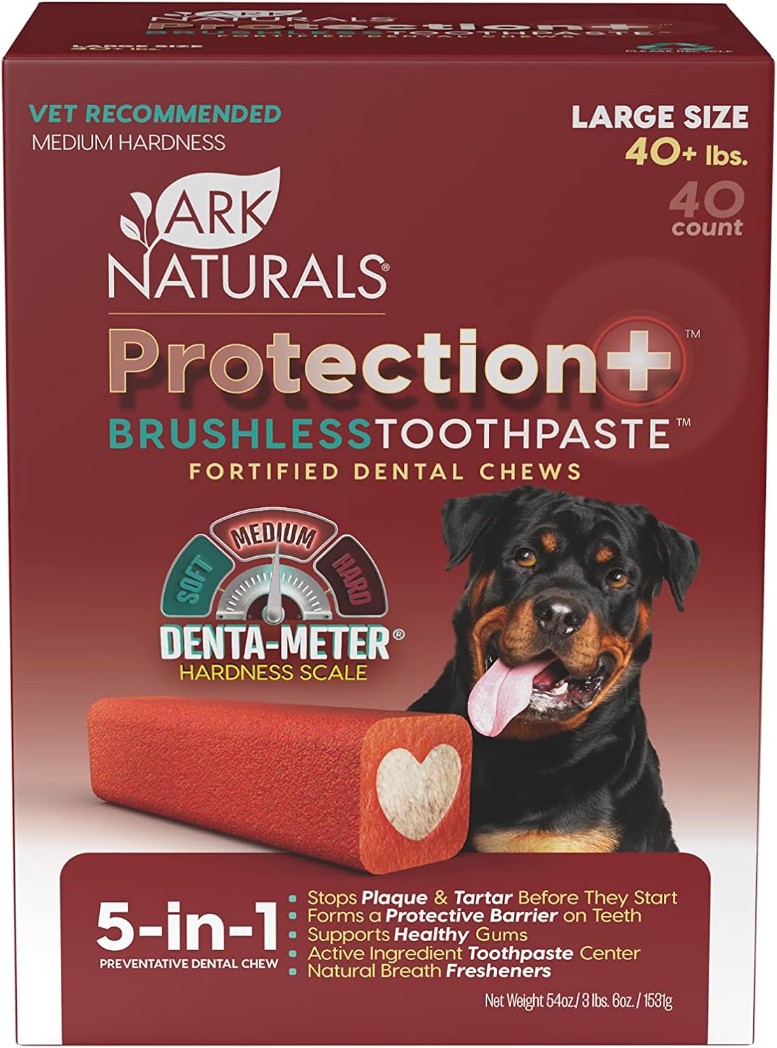 Ark Naturals Protection+ Brushless Toothpaste, Dog Dental Chews For Large Breeds, Prevents Plaque & Tartar, Freshens Breath, 54Oz, 1 Pack, Red, 54 Ounce (Pack Of 1)