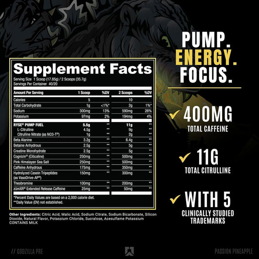 RYSE Up Supplements Noel Deyzel x Godzilla Pre Workout | Intense Pumps, Energy, & Focus | Citrulline & Beta Alanine | 400mg Total Caffeine | 40 Servings (Passion Pineapple)